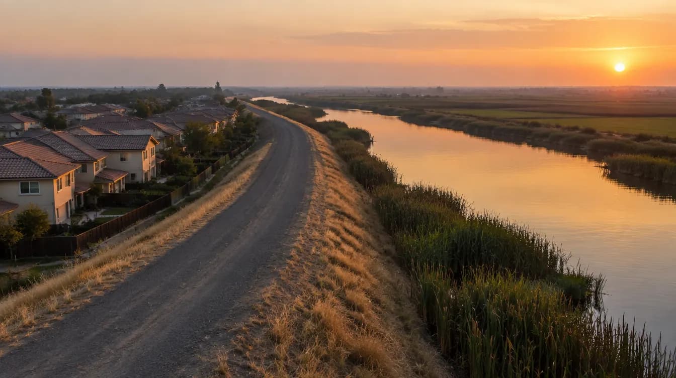 Levee road along a Delta waterway beside a newer neighborhood at sunset