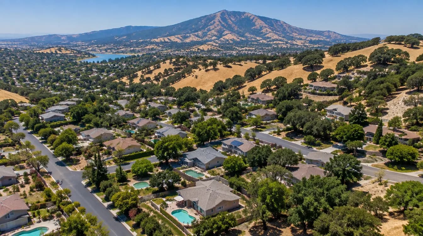 Inland East Bay suburb below oak hills and a large mountain