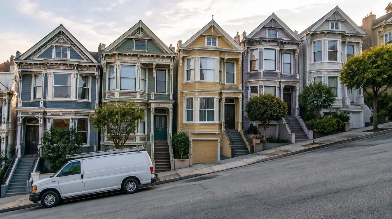 Row of restored Victorian houses on a steep street